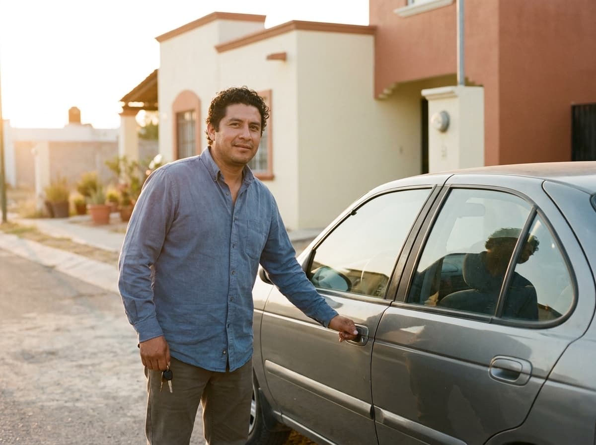 Persona cerrando la puerta de su auto en una calle residencial al atardecer