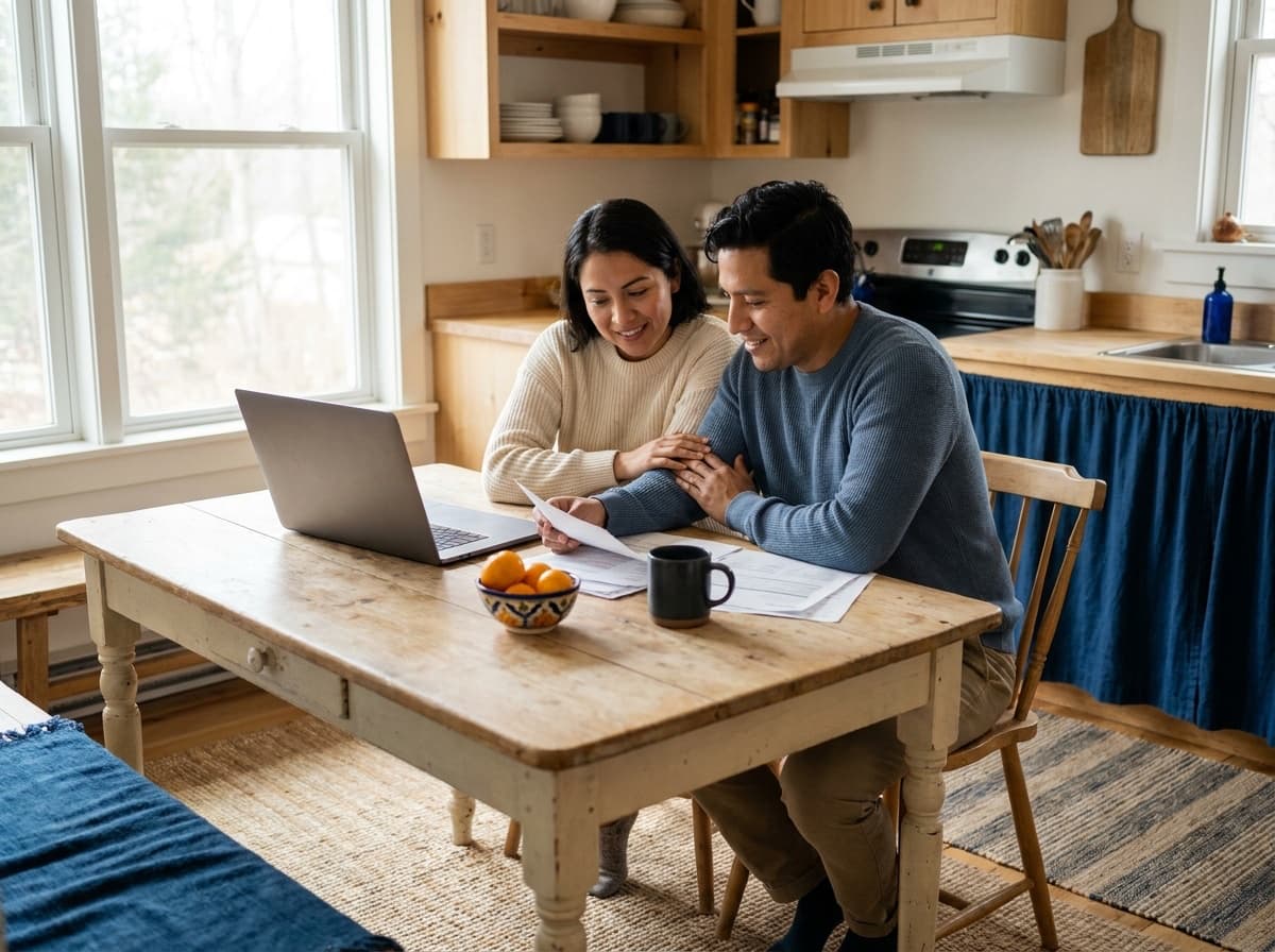 Pareja joven revisando papeles en la mesa de su cocina